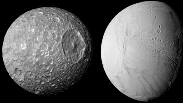 luas de Saturno Mimas e Enceladus Credito NASA JPL Caltech Space Science Institute